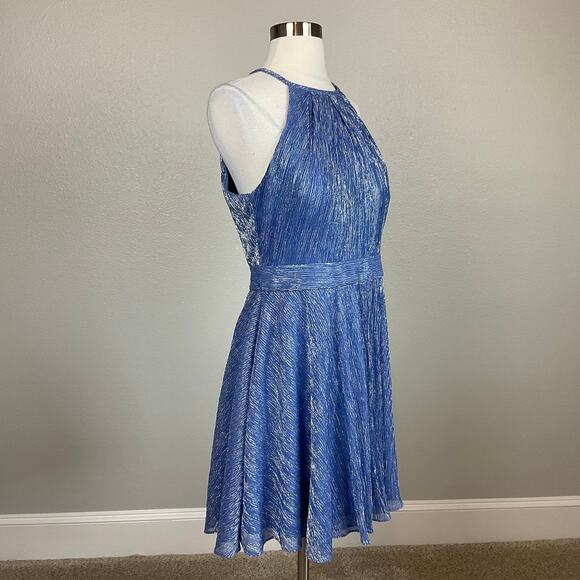 Betsy & Adam Metallic Halter Fit and Flare Mini Cocktail Dress Blue Size 12 - Picture 2 of 13